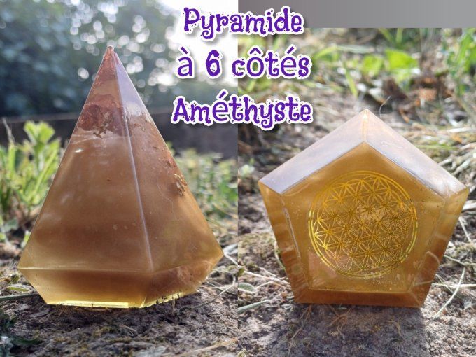 Pyramide 6 côtés-orgonite "Isis"-Améthyste - Protège nettoie anti stress 